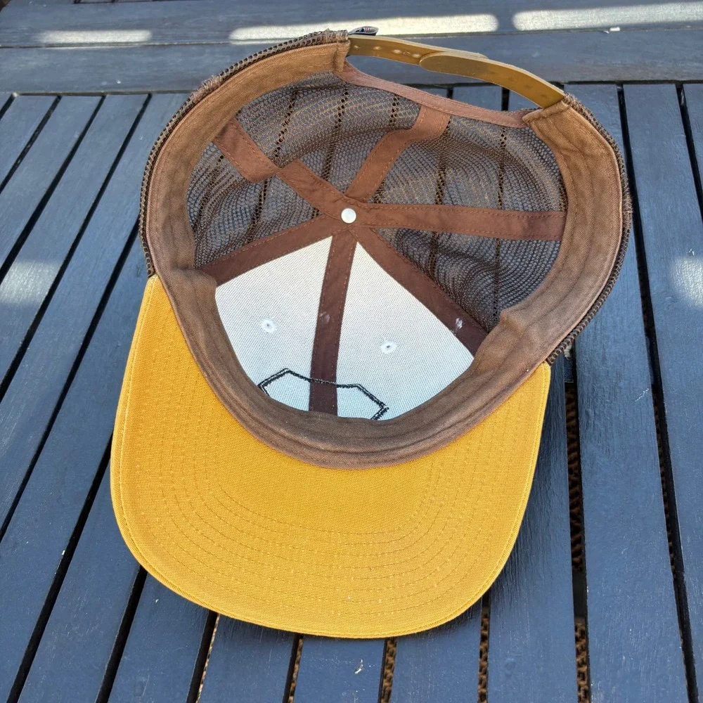 Patagonia Trucker Hat Unisex OSFA Brown Yellow Good Fitz Roy Hex Logo Snapback